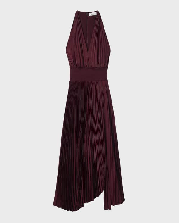 Alice And Olivia Arista Pleated Lamé Halterneck Maxi Dress In Almond