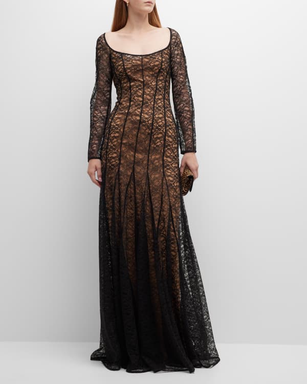 Marchesa Crystal Metallic Fringe Embroidered Long-Sleeve Trumpet Gown ...