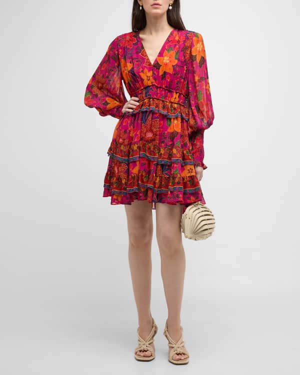 Hemant & Nandita Tiered Blouson-Sleeve Floral Chiffon Mini Dress ...