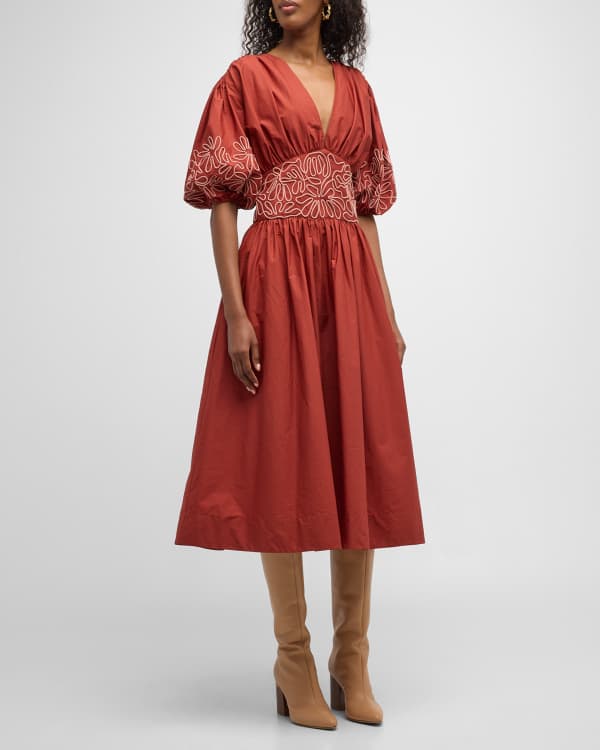 FANM MON Sandras Embroidered Linen Puff-Sleeve Midi Dress | Neiman Marcus