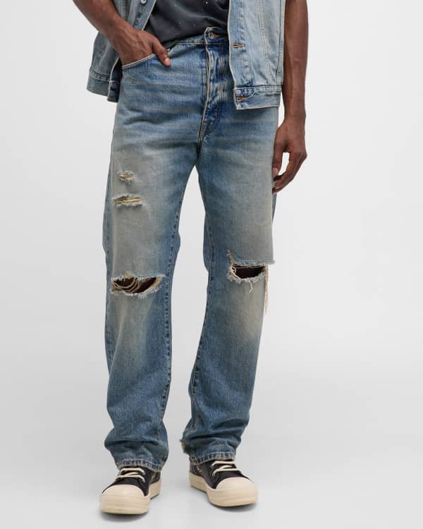 PURPLE Men's Washed Stitch Patch Repair Jeans | Neiman Marcus