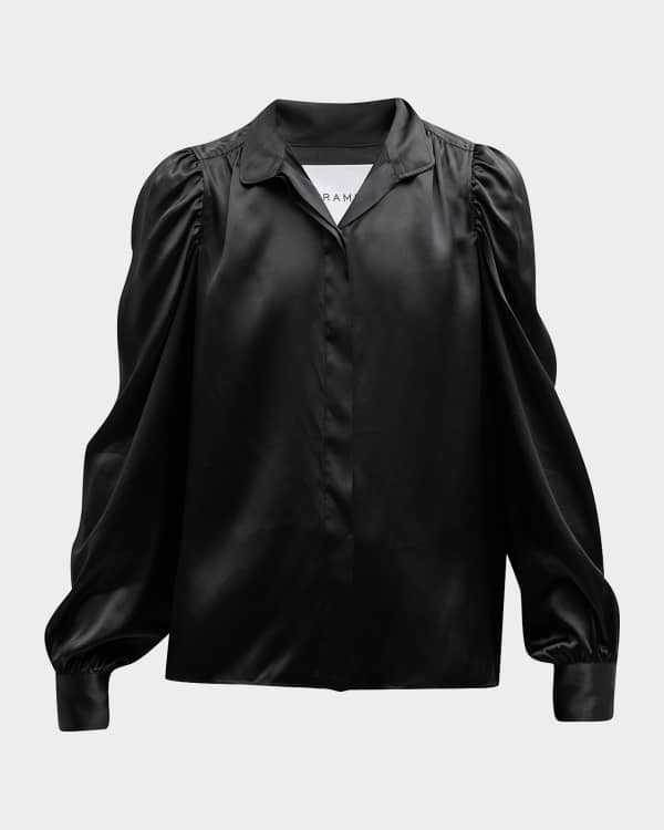 FRAME Satin Long Sleeve High Neck Keyhole Top Neiman Marcus