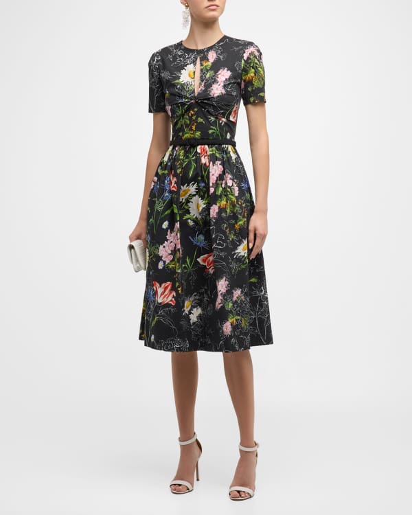 Oscar de la Renta Hydrangea Print Poplin Midi Dress | Neiman Marcus