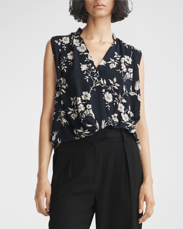 7 for All Mankind Silk Sleeveless Ruffle Blouse in Black