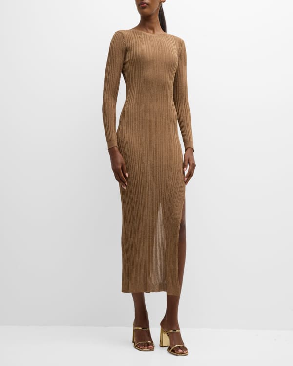 Brandon Maxwell Off the Shoulder Rib Knit Gown in Camel