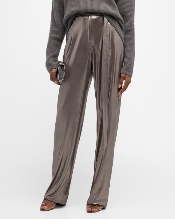LAPOINTE Belted Metallic Silk Wide-Leg Trousers | Neiman Marcus