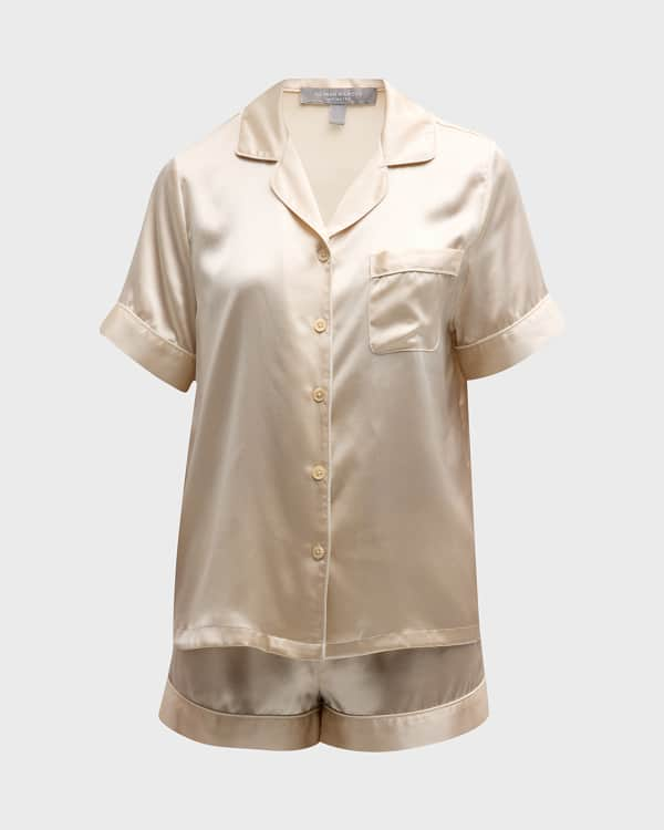 Women's Beige Satin Pajamas Set Short Sleeve