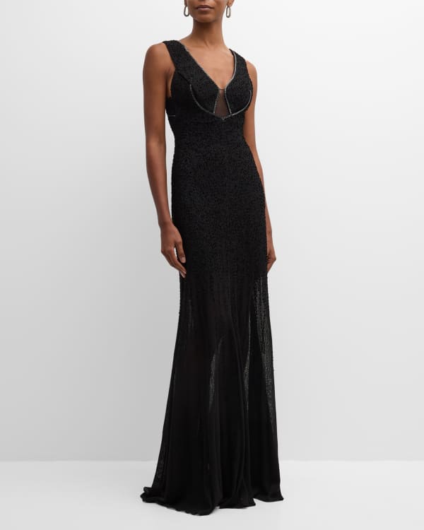 Carmen Marc Valvo Infusion Embroidered V Neck Cap Sleeve Ball Gown