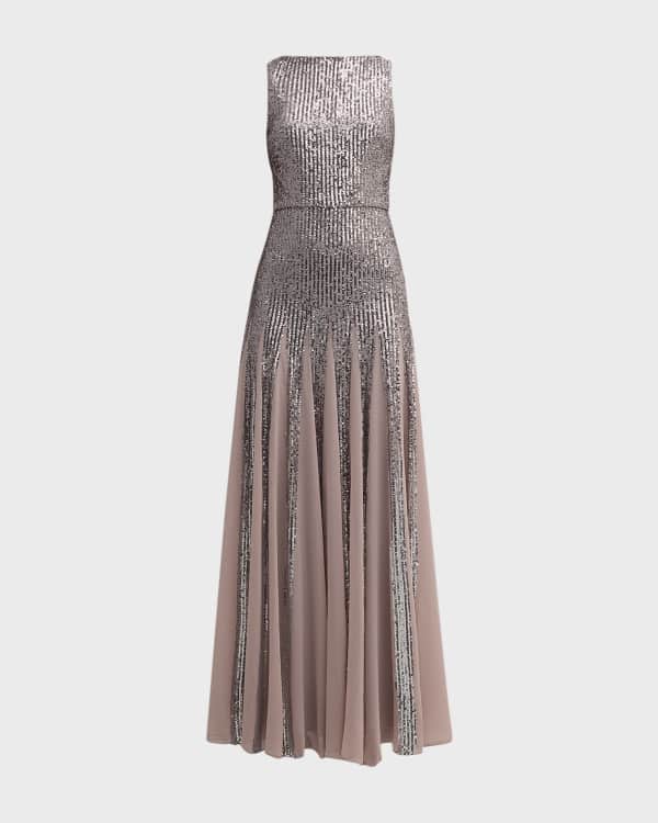 Badgley Mischka Collection Flower Trim Elbow Sleeve Sequin Column