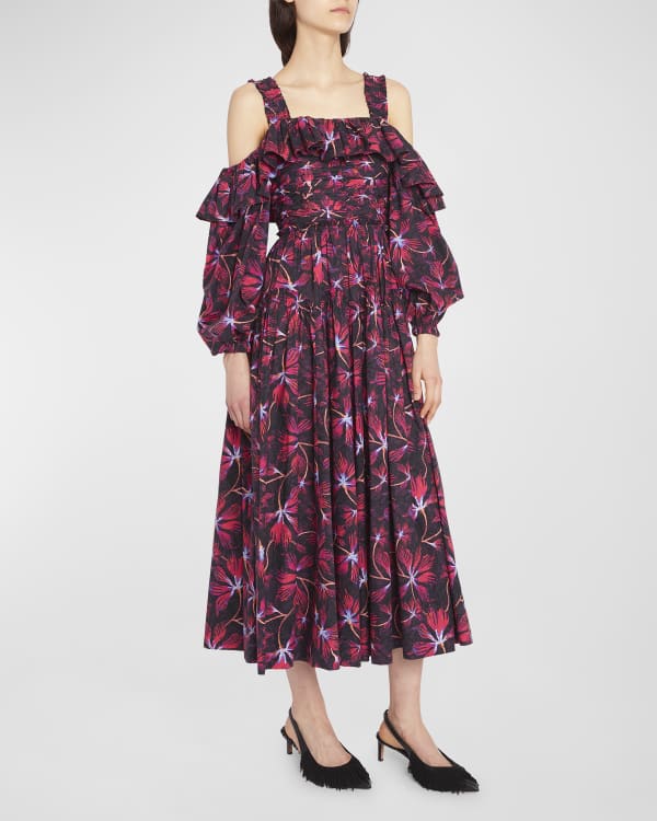 Ulla Johnson Malie Floral Puffed-Sleeve Pleated Midi Dress | Neiman Marcus
