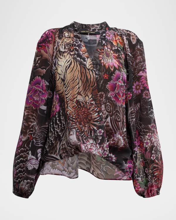 Johnny Was Evelina Metallic Floral-Print Chiffon Blouse | Neiman Marcus