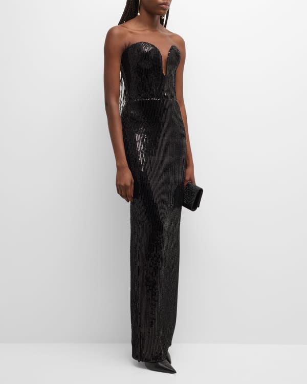 Sequin Corset Bodice Gown with Ruched Hip and High Slit Steel Grey