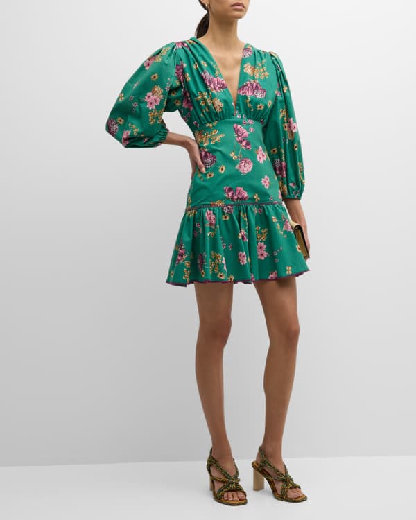 Printed Puff Sleeve Tiered Mini Dress With Lace Trim