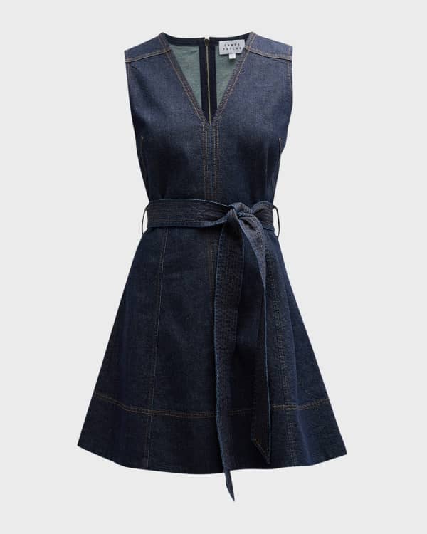 Cinq a Sept Abby Short-Sleeve Tie-Belt Denim Mini Dress | Neiman Marcus