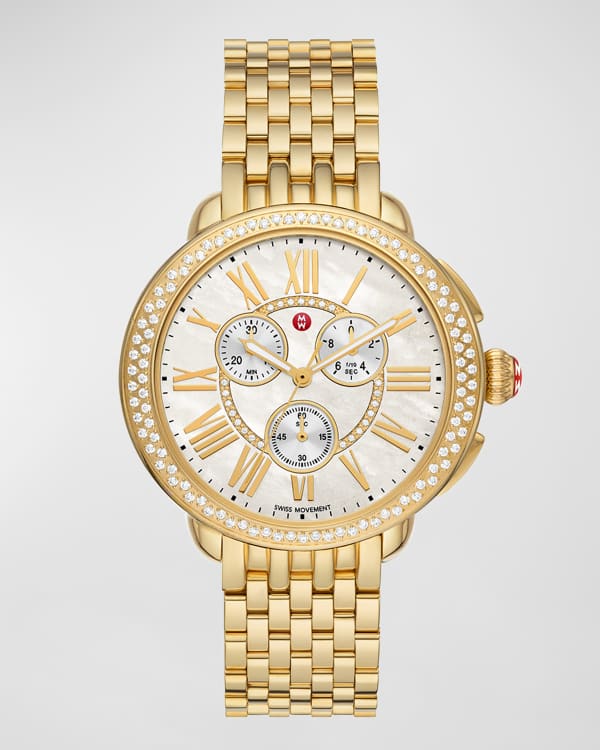 MICHELE 38mm Sidney Moonphase Diamond Watch Gold Blue Neiman Marcus