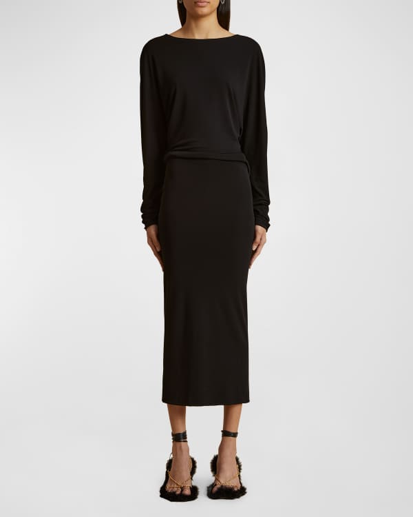 Black Long Sleeve Open Back Turtleneck Midi Dress