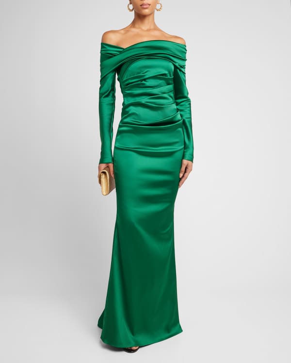 Talbot Runhof Long-Sleeve Draped Satin Duchesse Gown | Neiman Marcus