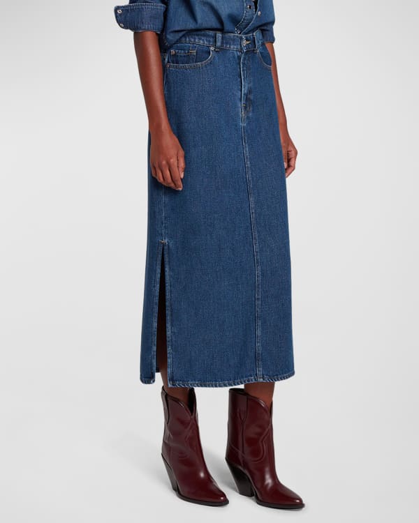 Moxidress Raw Hem High Slit Maxi Denim Skirt