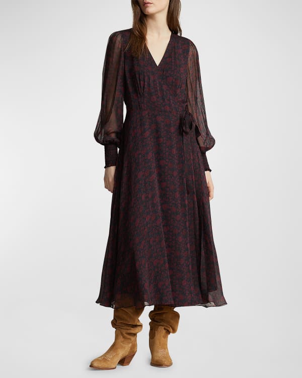 Polo Ralph Lauren Floral-Print Chiffon Blouson-Sleeve Dress | Neiman Marcus