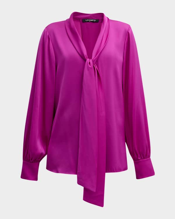 St. John Neck-Tie Blouson-Sleeve Silk Crepe De Chine Top | Neiman Marcus