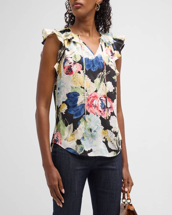 Tropical-Print Split Envelope-Neck Top for Women