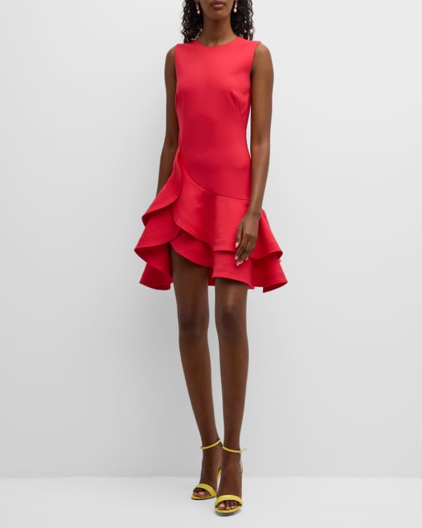 Oscar de la Renta 3/4-Sleeve Drop-Waist Fitted Asymmetric-Hem Midi Dress