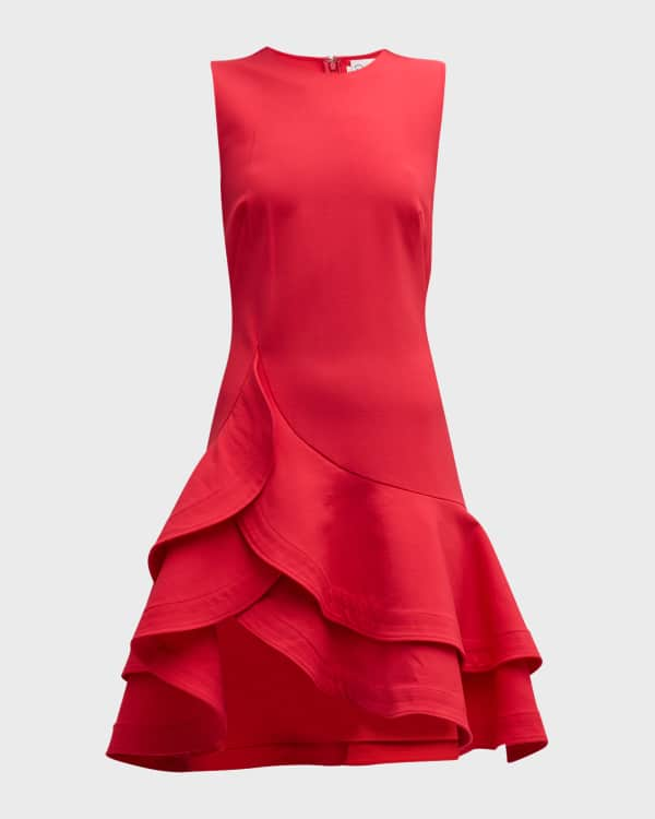 Oscar de la Renta 3/4-Sleeve Drop-Waist Fitted Asymmetric-Hem Midi Dress