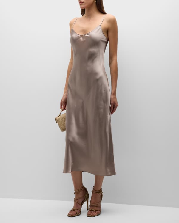 Midi Satin Slip Dress with Spaghetti Straps