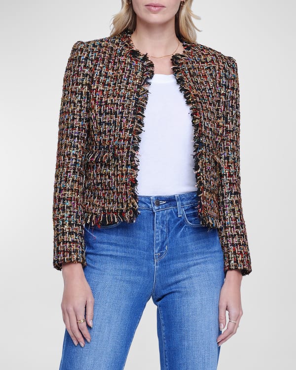 L'Agence Angelina Tweed Open-Front Fringe Blazer | Neiman Marcus