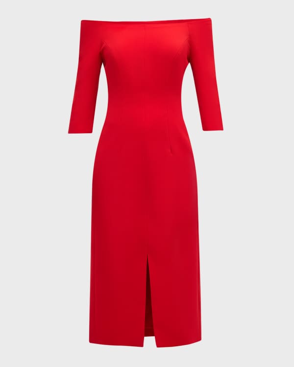 Curved-Neck Short-Sleeve Slit Midi Dress