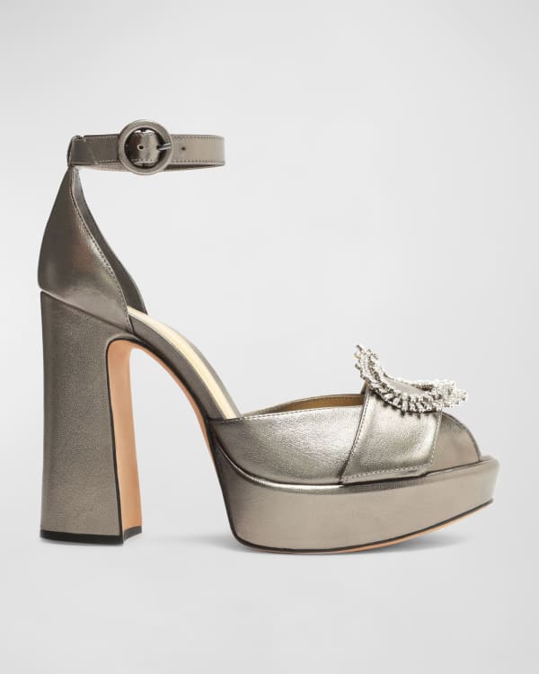 LOUIS VUITTON Silver Matte Metallic Leather Open Toe Heels Sandals Shoes