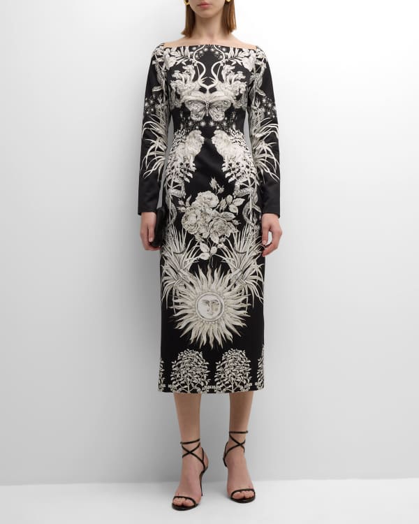 Dolce&Gabbana Square-Neck Floral-Print Charmeuse Midi Dress | Neiman Marcus