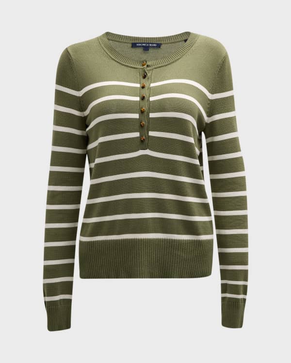 $295 Veronica Beard Women's Green Striped V-Neck Merino Wool Sweater Size  XL