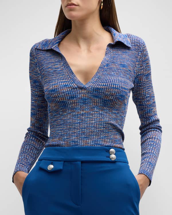 Lauren Ralph Lauren Point Collar V-Neck Short Sleeve Ribbed Knit Polo  Sweater