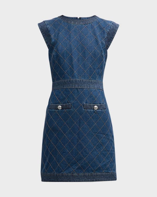 Cinq a Sept Abby Short-Sleeve Tie-Belt Denim Mini Dress | Neiman Marcus