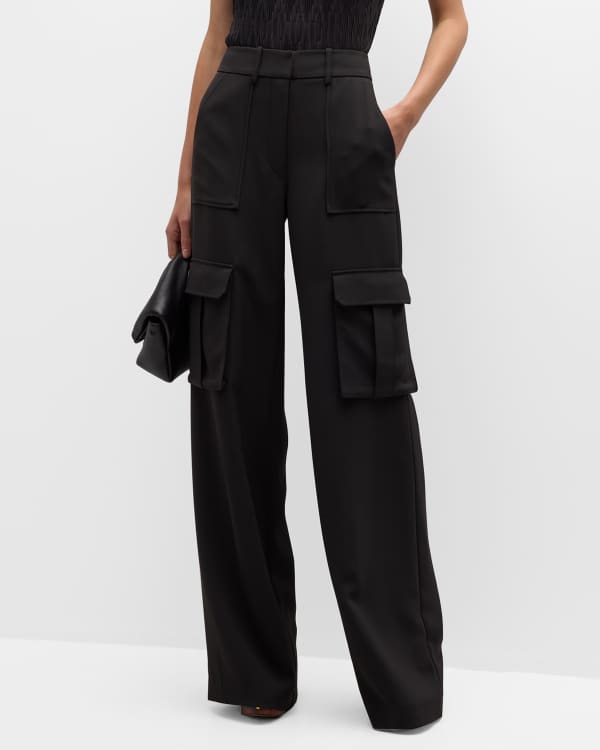 Black High Waisted Wide Leg Pants with Diagonal Pockets & Banded