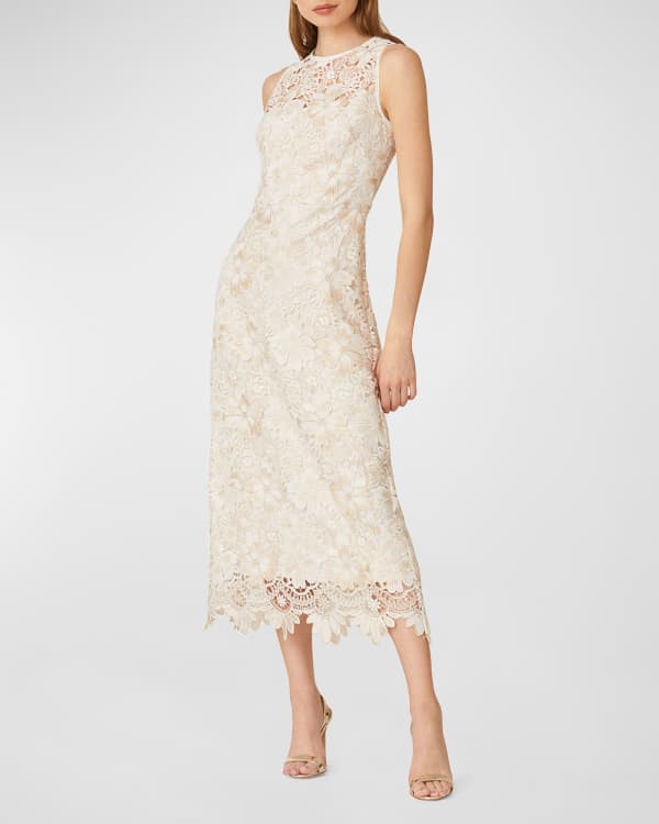 Shoshanna Tasha Puff-Sleeve Floral Lace Midi Dress | Neiman Marcus