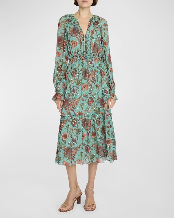 Johnny Was Moxi Tiered Floral-Print Midi Dress | Neiman Marcus
