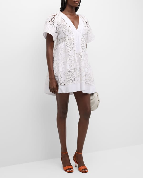 Cinq a Sept Ethel Puff-Sleeve Tiered Mini Dress | Neiman Marcus