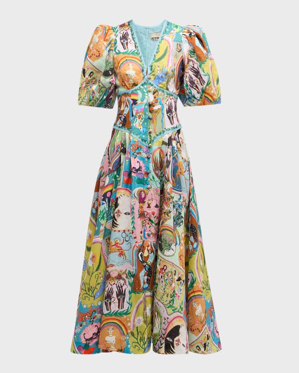 ALEMAIS Wallis Tiered Puff Sleeve Rope Tie Midi Dress Neiman Marcus