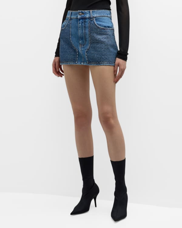 Denim mini godet skirt clearance