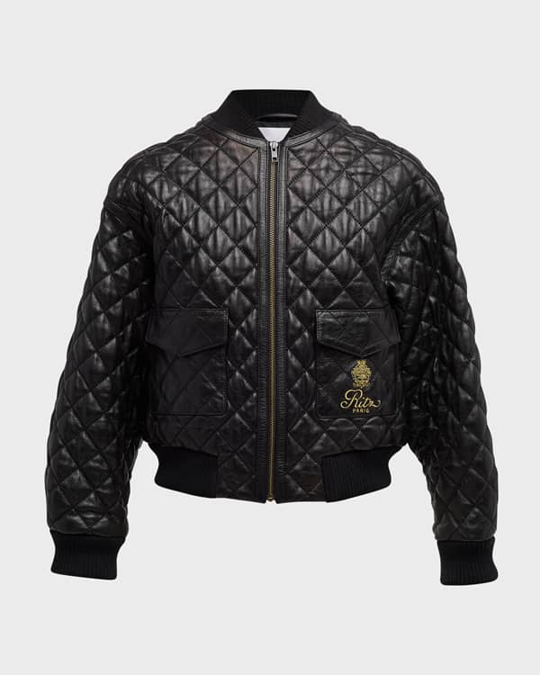DKNY Leather Snap Front Bomber Jacket Black Neiman Marcus