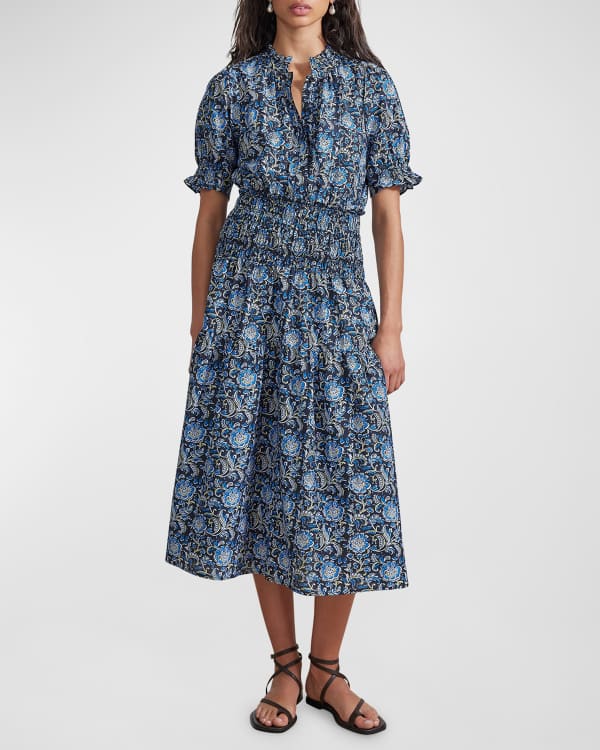LEO LIN Nellie Floral-Print Bishop-Sleeve Midi Dress | Neiman Marcus