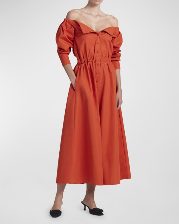 Paulina Oblique Shoulder Sleeveless Folds Midi Dress Carolina Herrera  Plunging Shoulder-Bow Tiered Midi Dress | Neiman Marcus