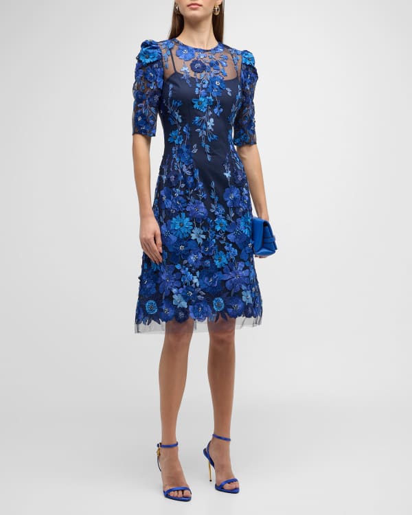Rickie Freeman for Teri Jon Short-Sleeve Floral Lace A-Line Midi Dress ...