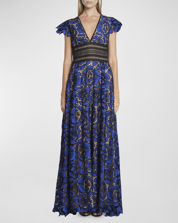 Tadashi Shoji Cap-Sleeve Embroidered Lace Gown | Neiman Marcus