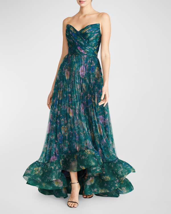 Theia Ingrid Strapless Pleated Abstract-Print Gown | Neiman Marcus