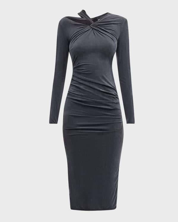 Venise Black | Fitted Ruched Midi Dress w/ Bustier Bodice