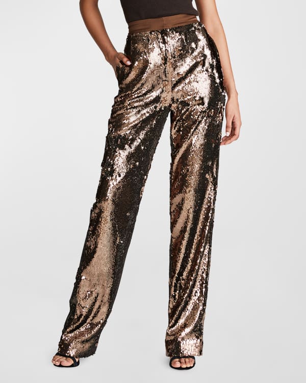 Womens Gold Sequin Bling Pants Wide Leg Flare Palazzo Pants