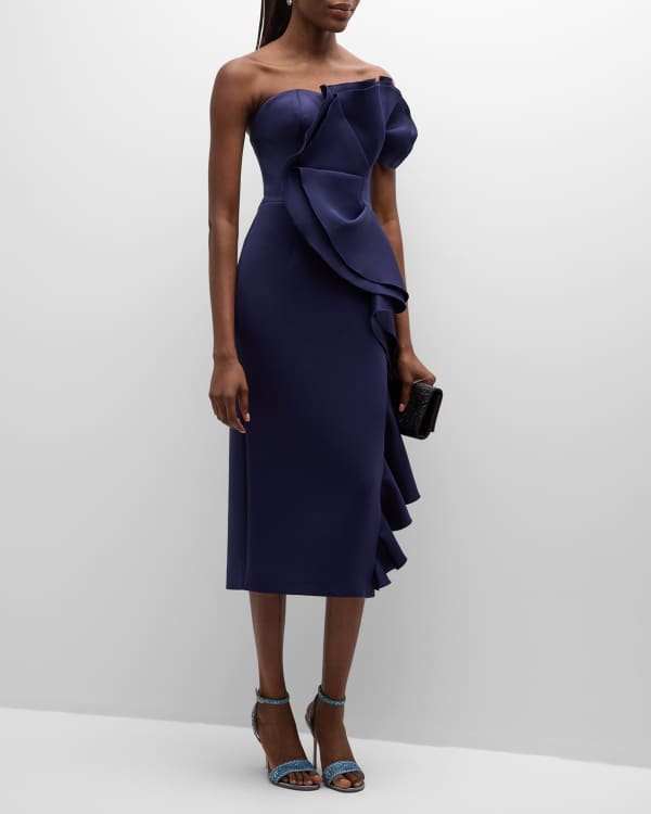 Lavish Alice One-Shoulder Midi Dress w/ Ruffle | Neiman Marcus